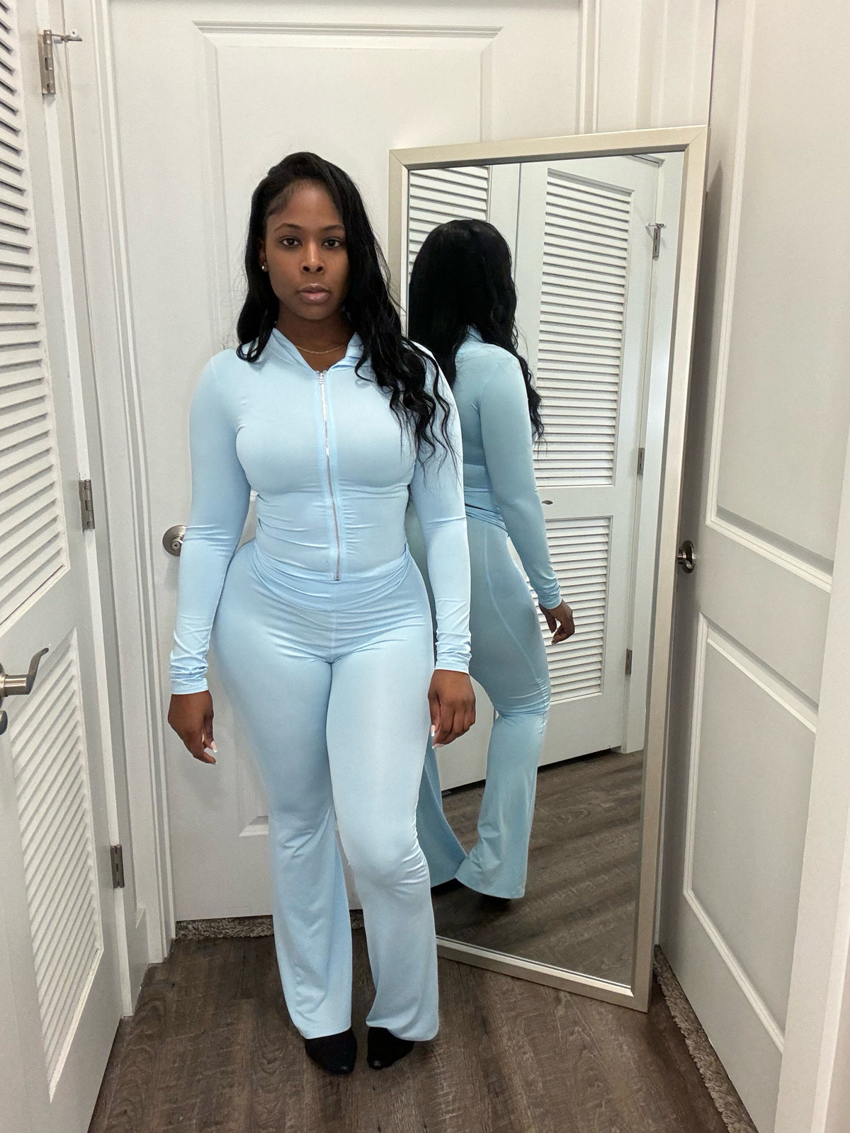 Crop Top High Waisted Flare Set- Light Blue