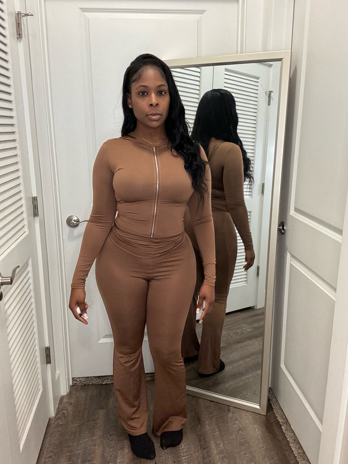 Crop Top High Waist Flare Set- Brown
