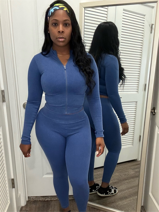 Navy Blue- Ribbed Tracksuit