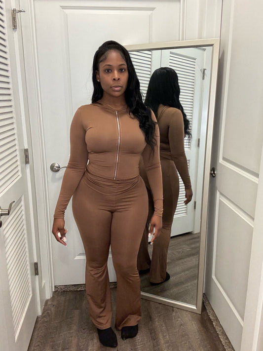 Crop Top High Waist Flare Set- Brown